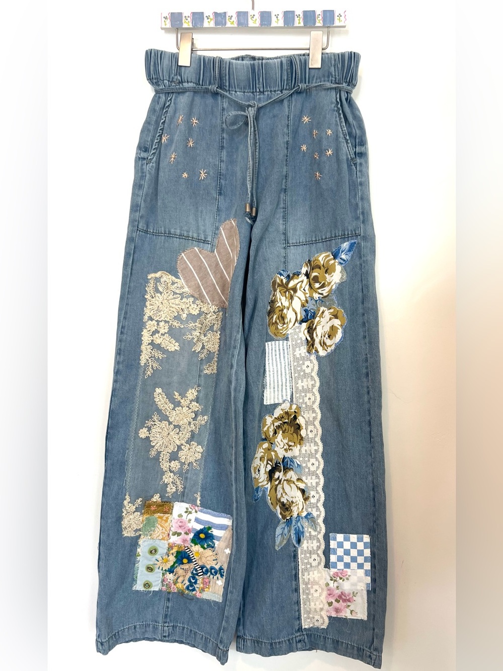 Upcycled Wide-Leg Patchwork Denim Pants with Floral Appliqué and embroidery